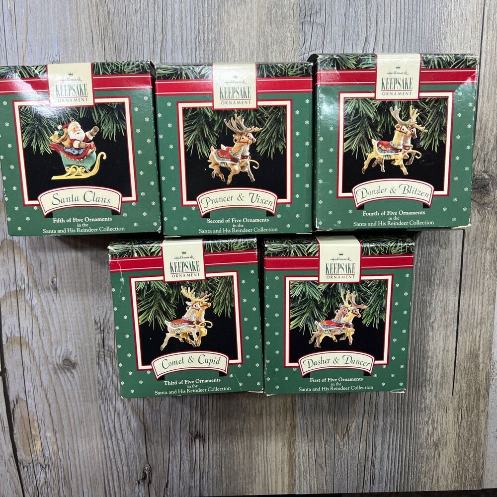 1992 Hallmark Keepsake Ornament Complete Santa And His Reindeer Collection SET A
